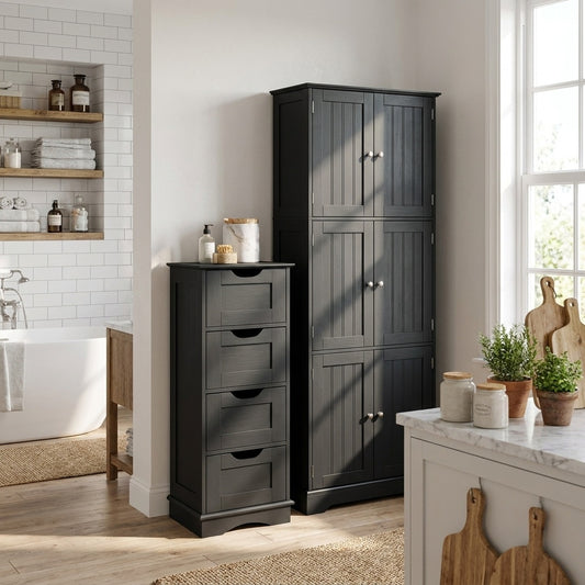 Bathroom Cabinet Set, 6-Door Tall Cabinet, 4-Drawer Cabinet, Black Floor Cabinets Black at Gallery Canada