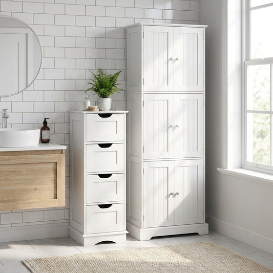 6-Door Tall Bathroom Cabinet Set, 4-Drawer, White Floor Cabinets White at Gallery Canada