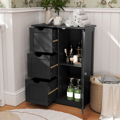 Bathroom Floor Cabinet, 3 Drawers, 1 Cupboard, Black