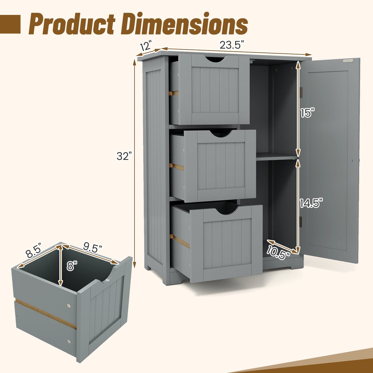 Bathroom Floor Cabinet, 3 Drawers 1 Cupboard, Gray Floor Cabinets at Gallery Canada