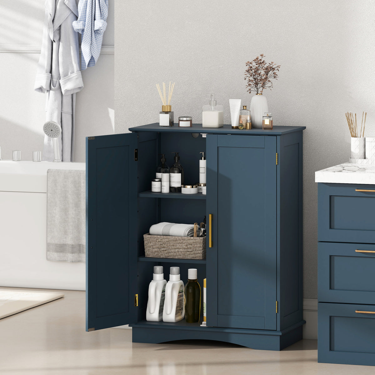 Bathroom Floor Storage Cabinet, 2 Doors, Adjustable Shelves, Blue Floor Cabinets at Gallery Canada