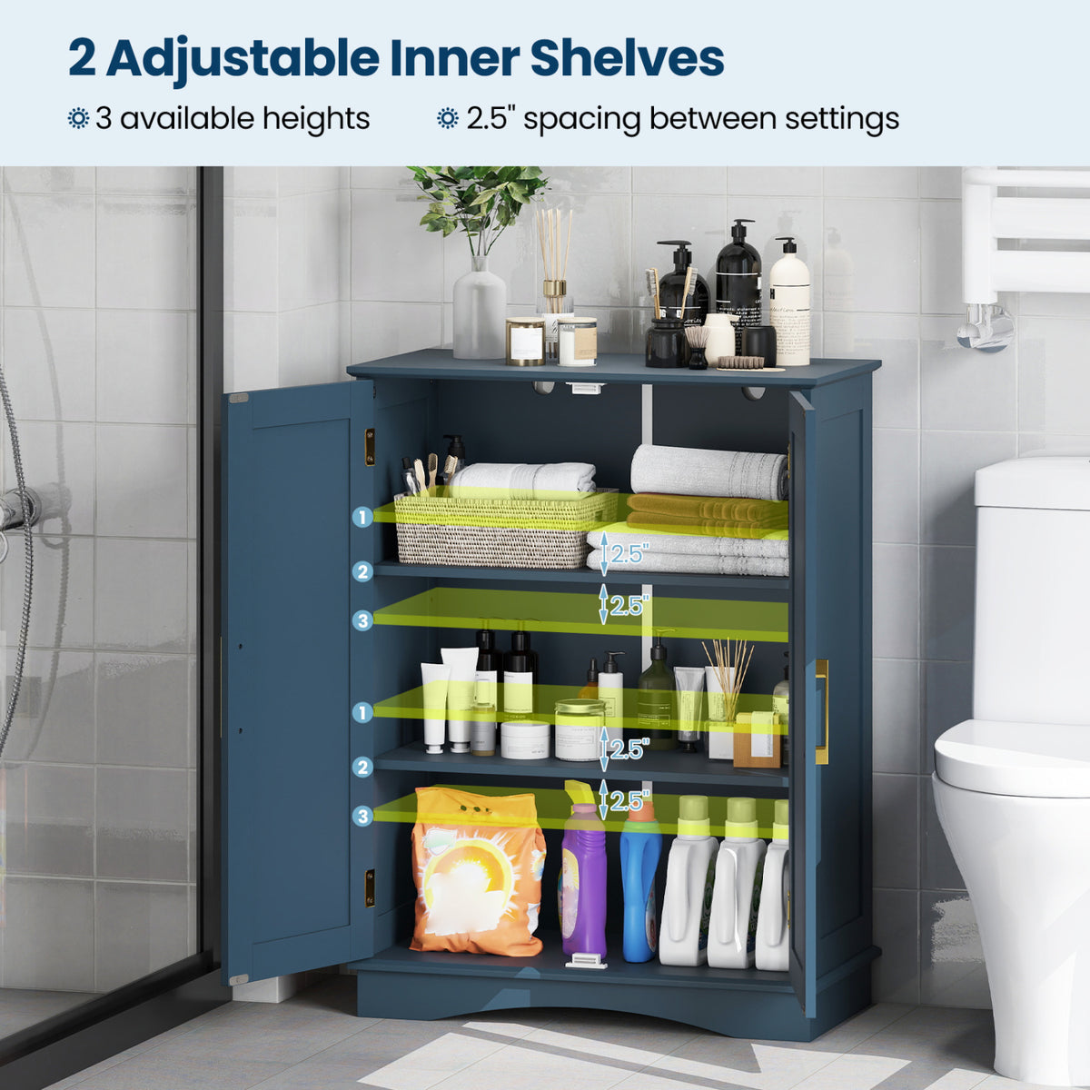 Bathroom Floor Storage Cabinet, 2 Doors, Adjustable Shelves, Blue Floor Cabinets at Gallery Canada