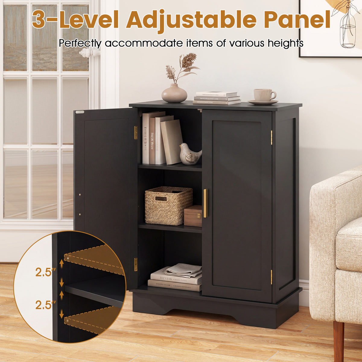 Bathroom Floor Storage Cabinet, 2 Doors, Adjustable Shelves, Black Floor Cabinets at Gallery Canada