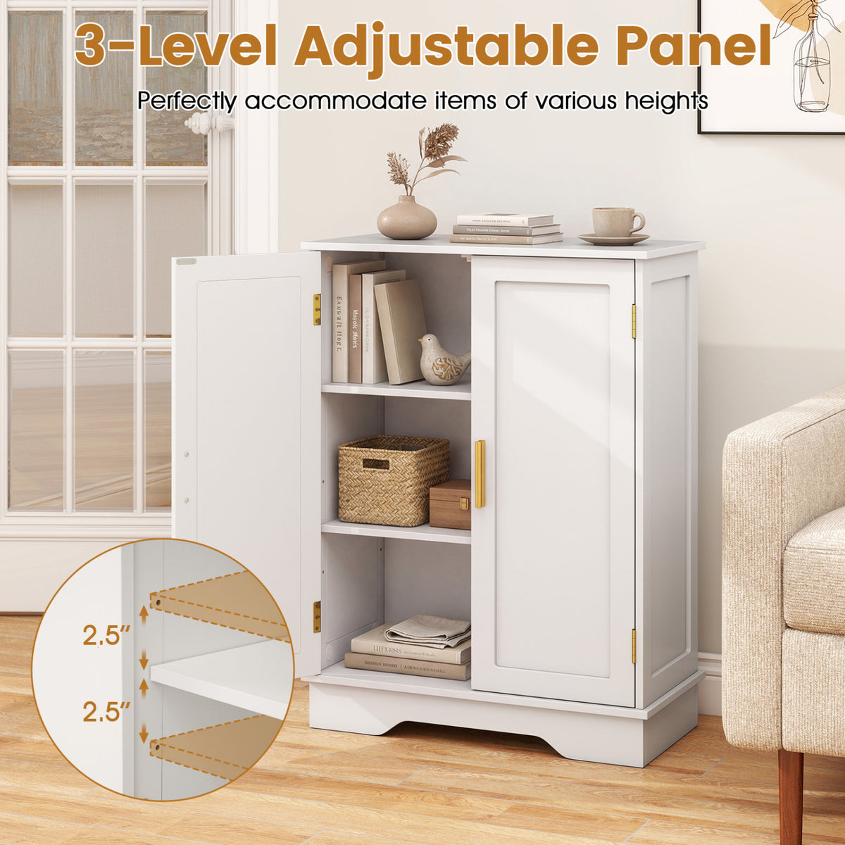 Bathroom Floor Storage Cabinet, 2 Doors, Adjustable Shelves, White Floor Cabinets at Gallery Canada