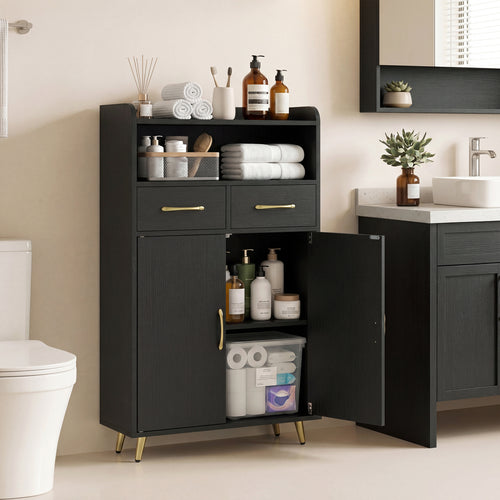 Bathroom Storage Cabinet, 2 Drawers, 2 Doors, Black