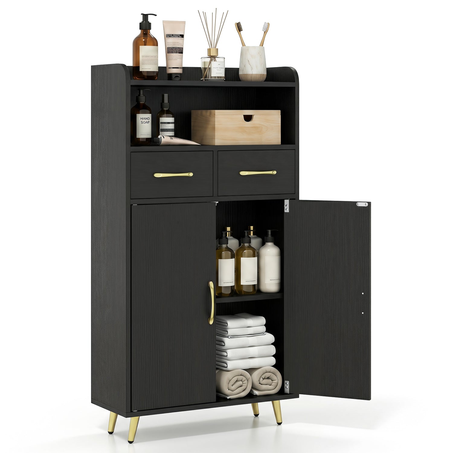 Bathroom Storage Cabinet, 2 Drawers, 2 Doors, Black Floor Cabinets at Gallery Canada