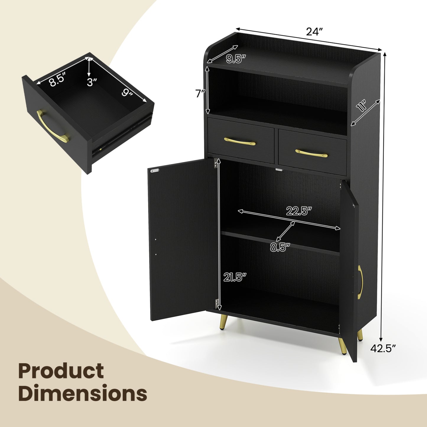 Bathroom Storage Cabinet, 2 Drawers, 2 Doors, Black Floor Cabinets at Gallery Canada