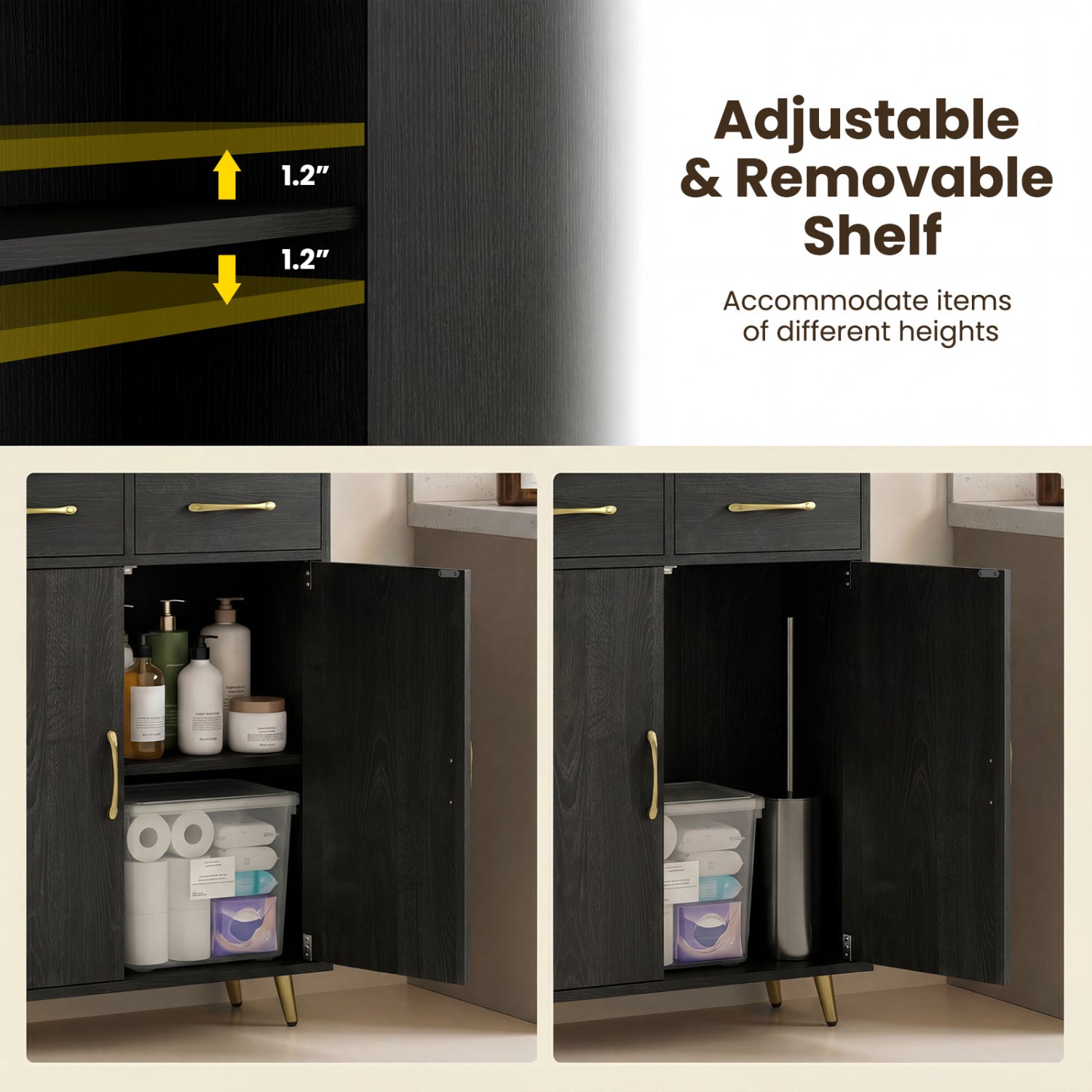 Bathroom Storage Cabinet, 2 Drawers, 2 Doors, Black Floor Cabinets at Gallery Canada