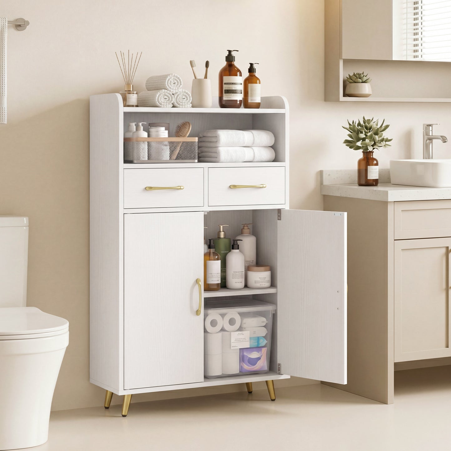 Bathroom Storage Cabinet Freestanding Floor Cabinet with 2 Drawers and 2 Doors, White Floor Cabinets at Gallery Canada