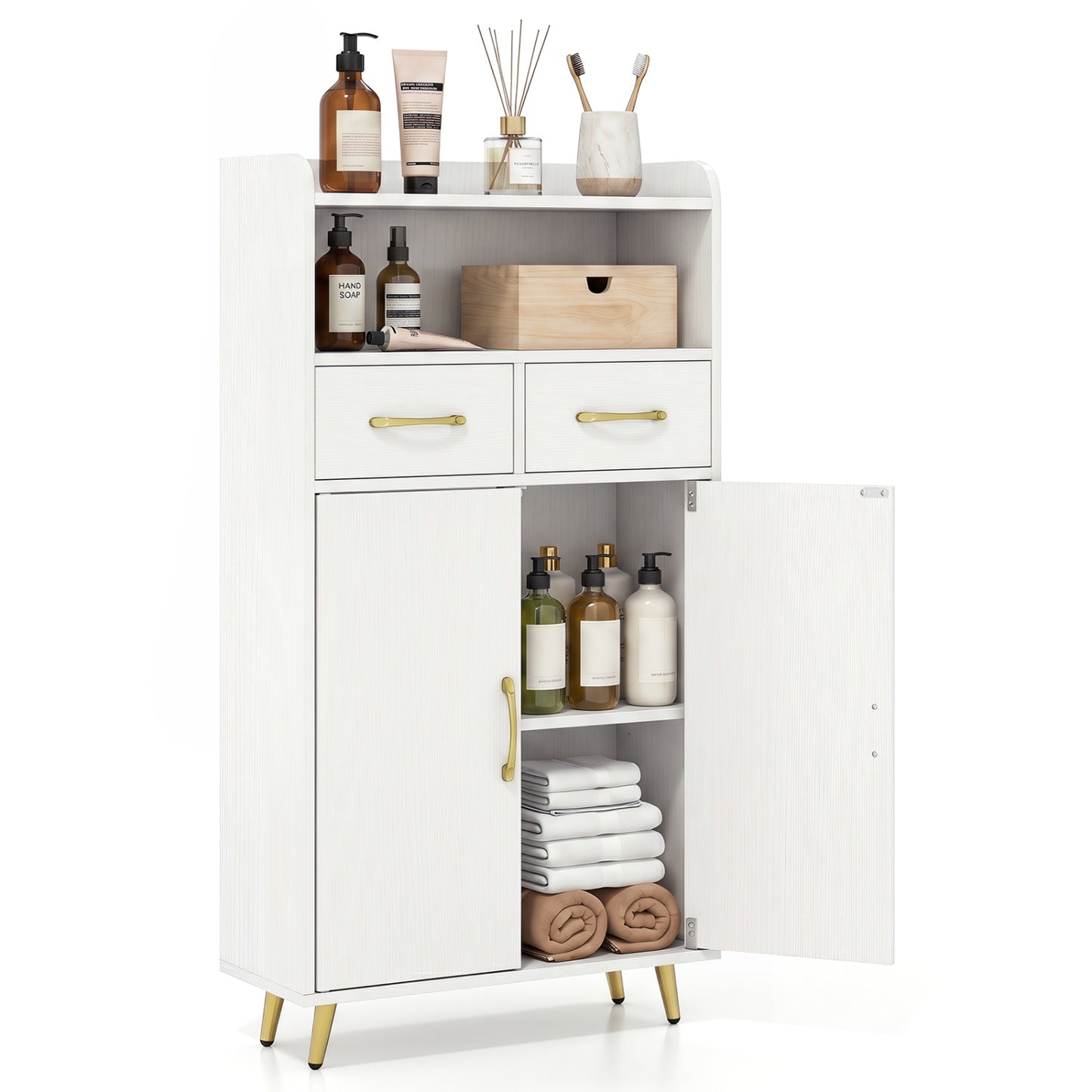 Bathroom Storage Cabinet Freestanding Floor Cabinet with 2 Drawers and 2 Doors, White Floor Cabinets at Gallery Canada