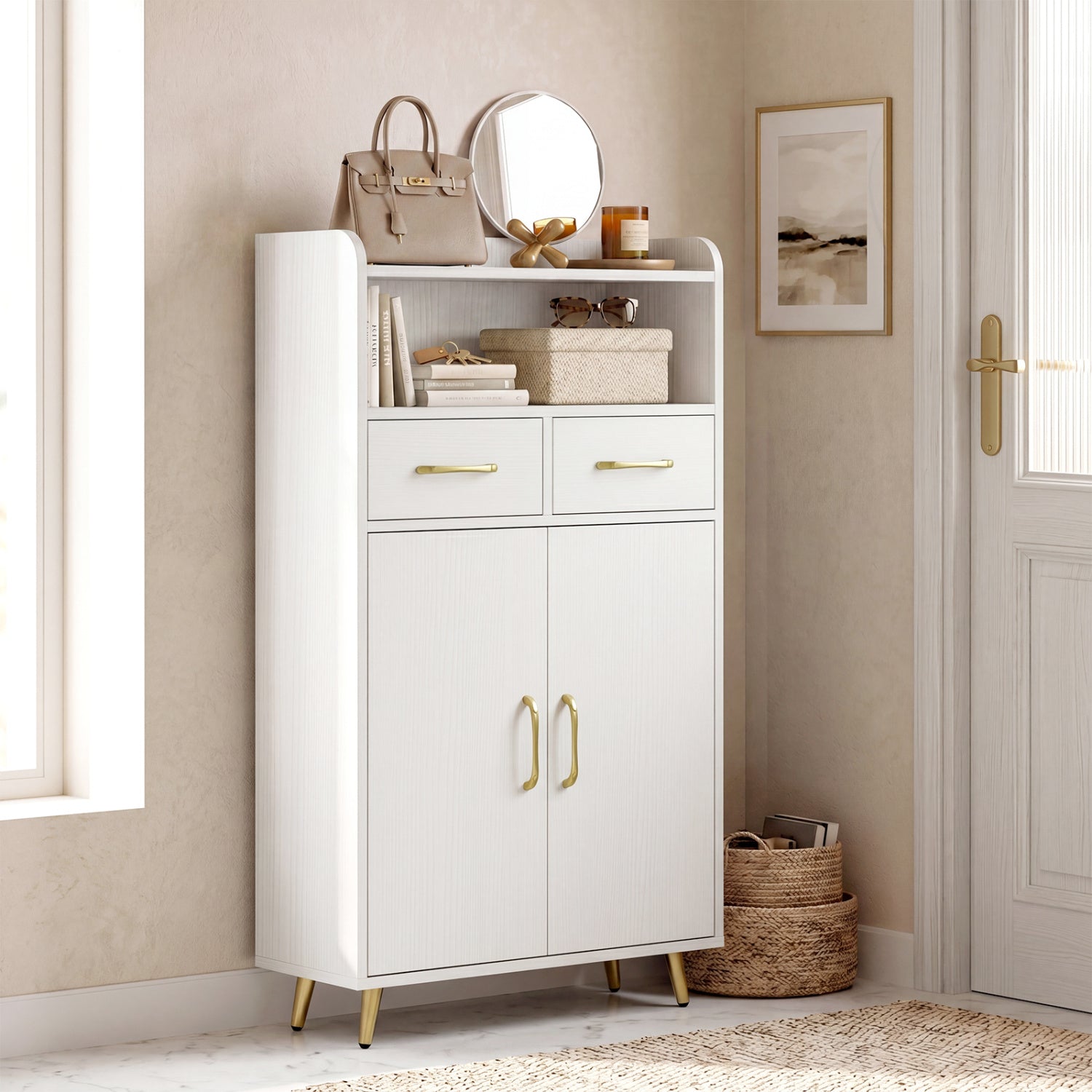 Bathroom Storage Cabinet Freestanding Floor Cabinet with 2 Drawers and 2 Doors, White Floor Cabinets at Gallery Canada