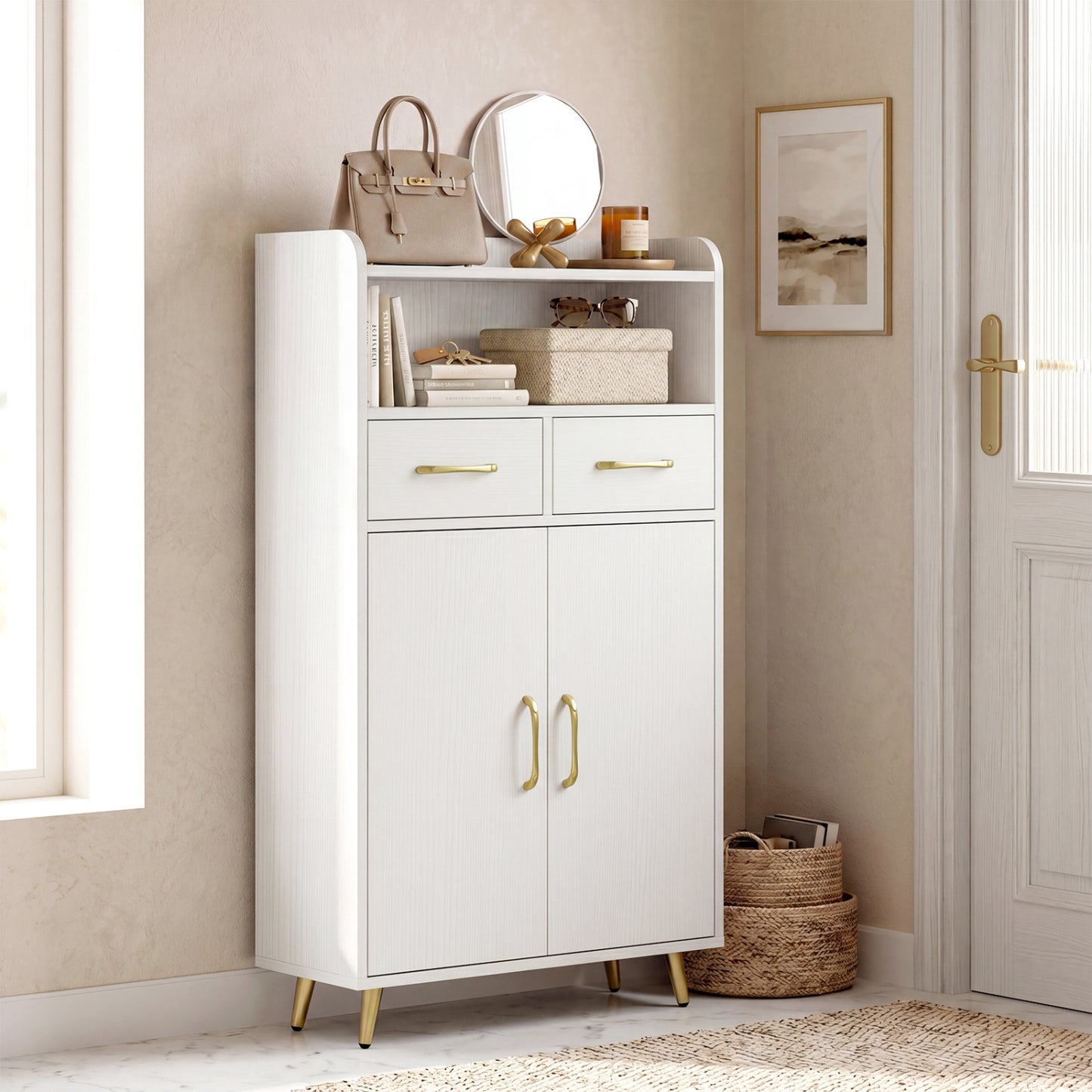 Bathroom Storage Cabinet Freestanding Floor Cabinet with 2 Drawers and 2 Doors, White Floor Cabinets at Gallery Canada