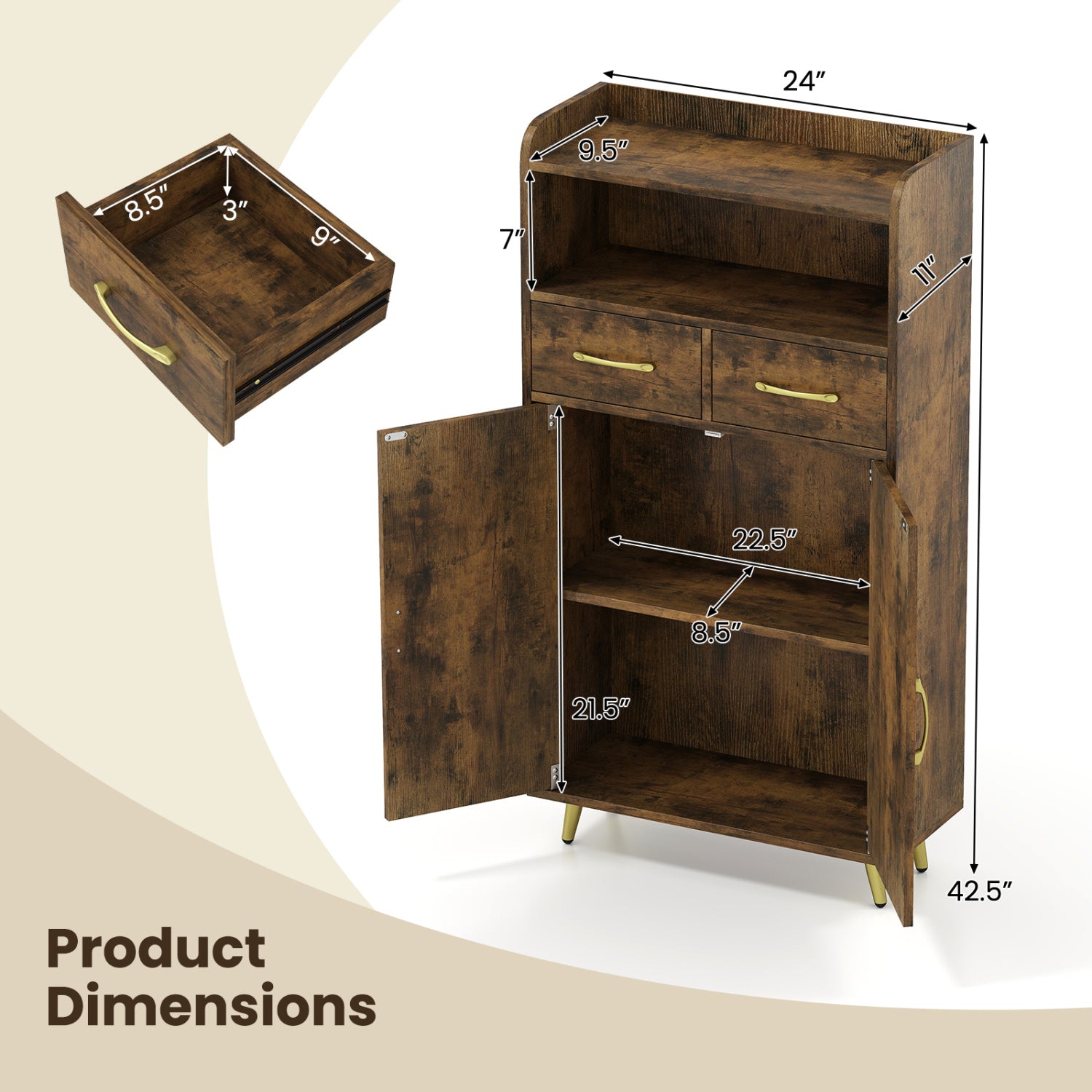 Bathroom Storage Cabinet, 2 Drawers and 2 Doors, Rustic Brown Floor Cabinets at Gallery Canada