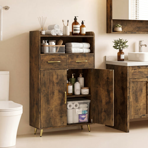 Bathroom Storage Cabinet, 2 Drawers and 2 Doors, Rustic Brown