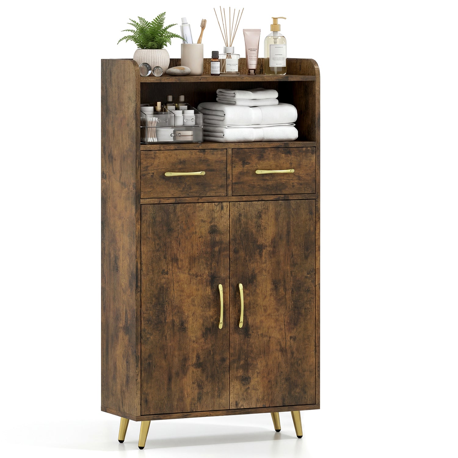 Bathroom Storage Cabinet, 2 Drawers and 2 Doors, Rustic Brown Floor Cabinets Rustic Brown at Gallery Canada