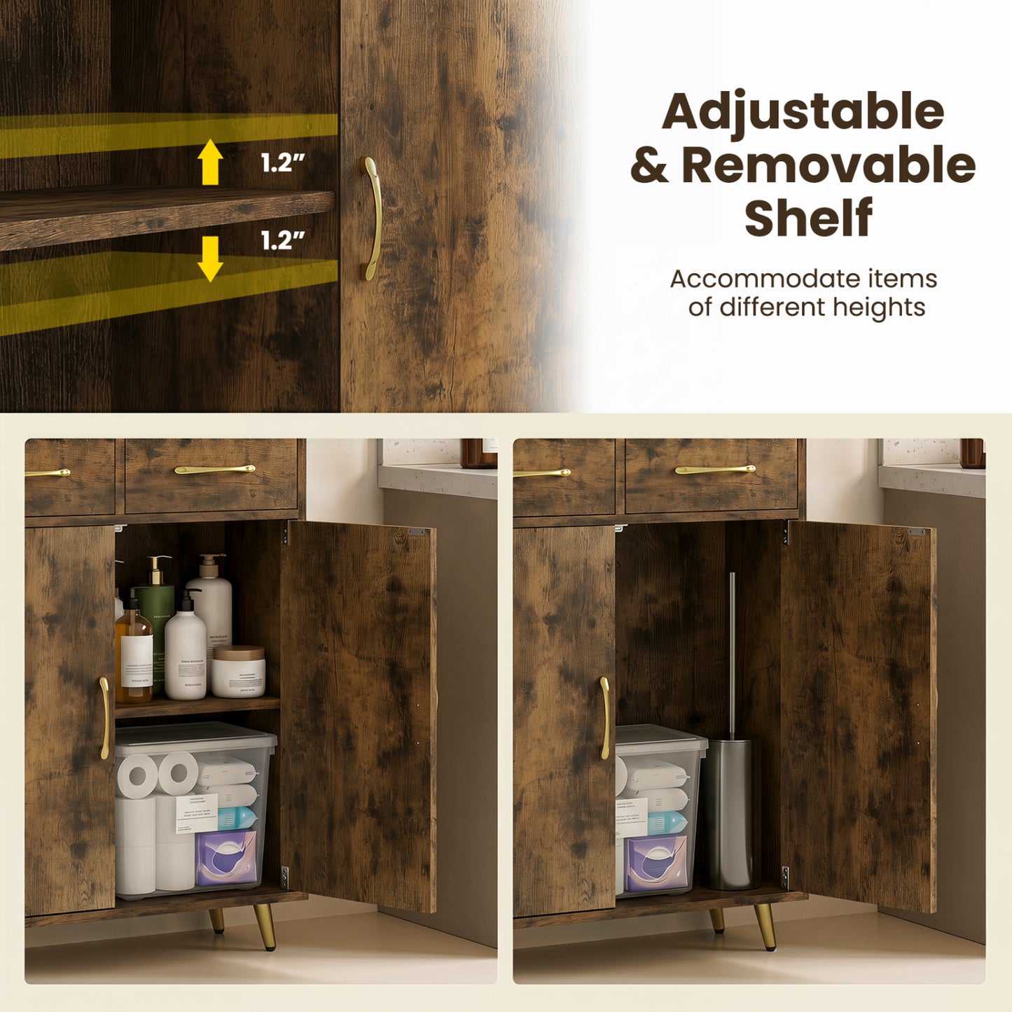 Bathroom Storage Cabinet, 2 Drawers and 2 Doors, Rustic Brown Floor Cabinets at Gallery Canada