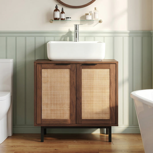 Bathroom Vanity Cabinet with U-Shaped Cut-Out 2 Rattan Doors and Shelf, Brown Floor Cabinets Brown at Gallery Canada