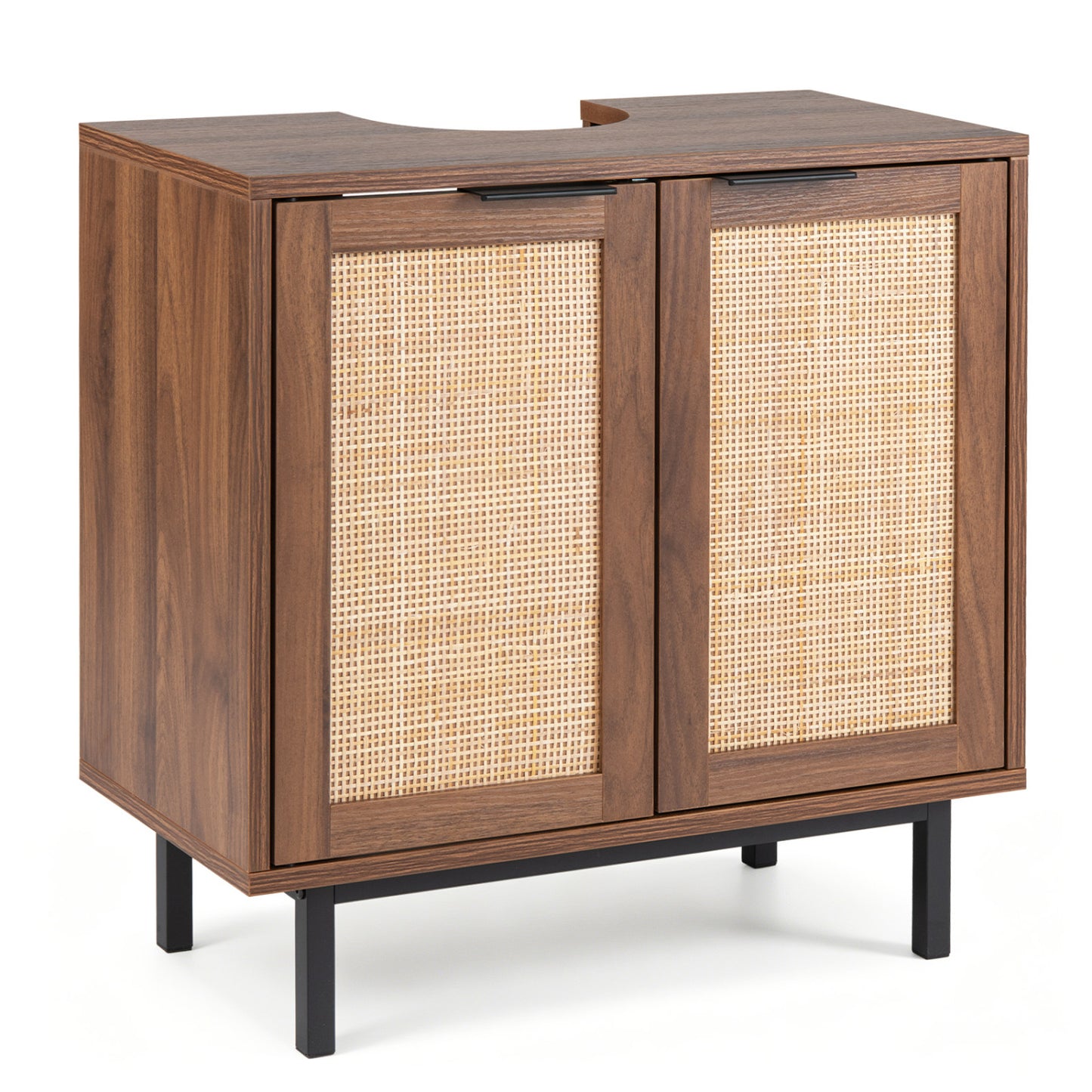 Bathroom Vanity Cabinet with U-Shaped Cut-Out 2 Rattan Doors and Shelf, Brown Floor Cabinets at Gallery Canada