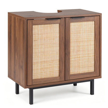 Bathroom Vanity Cabinet with U-Shaped Cut-Out 2 Rattan Doors and Shelf, Brown Floor Cabinets at Gallery Canada