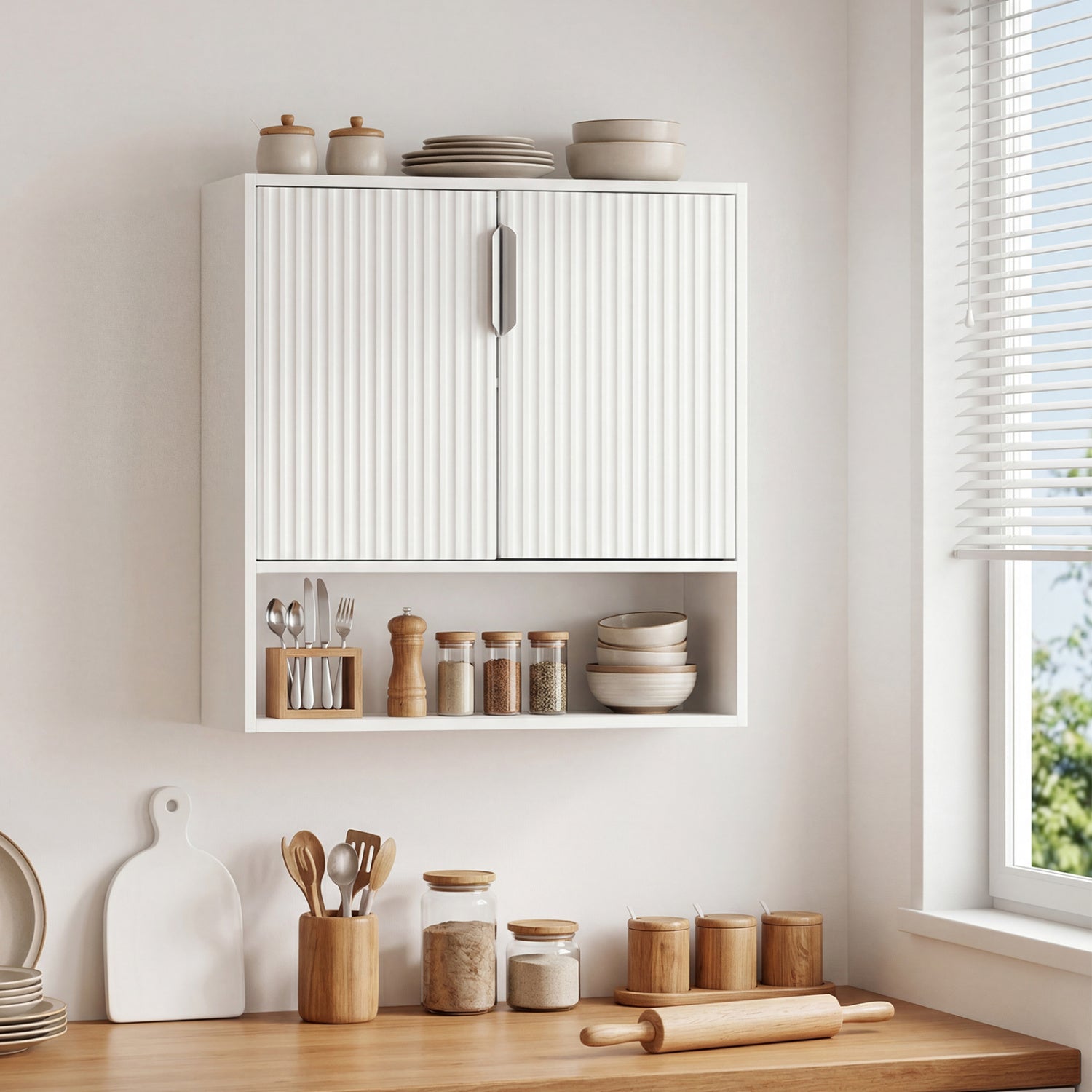 Bathroom Wall Cabinet, 2 Fluted Doors, Open Cube, Adjustable Shelf, White Wall Cabinets at Gallery Canada
