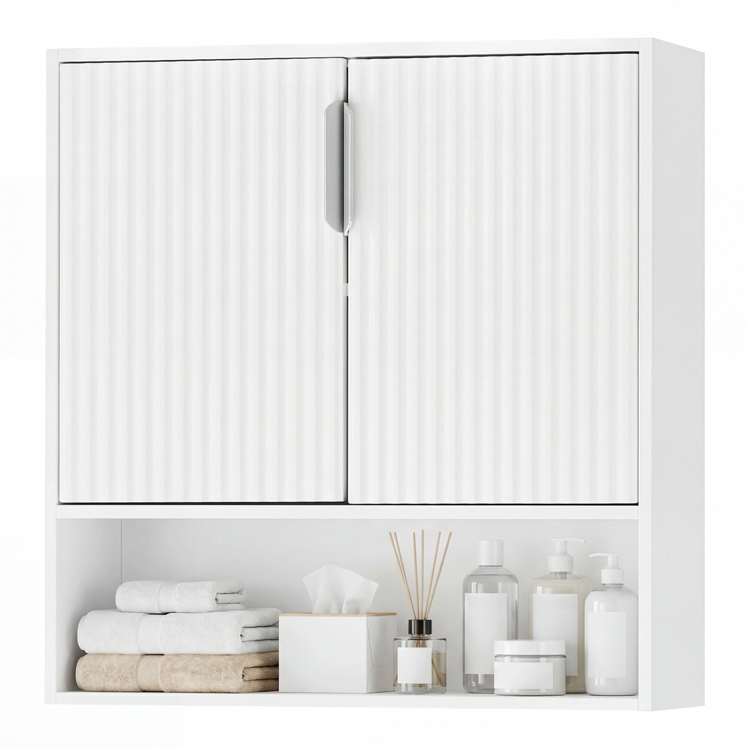 Bathroom Wall Cabinet, 2 Fluted Doors, Open Cube, Adjustable Shelf, White Wall Cabinets at Gallery Canada