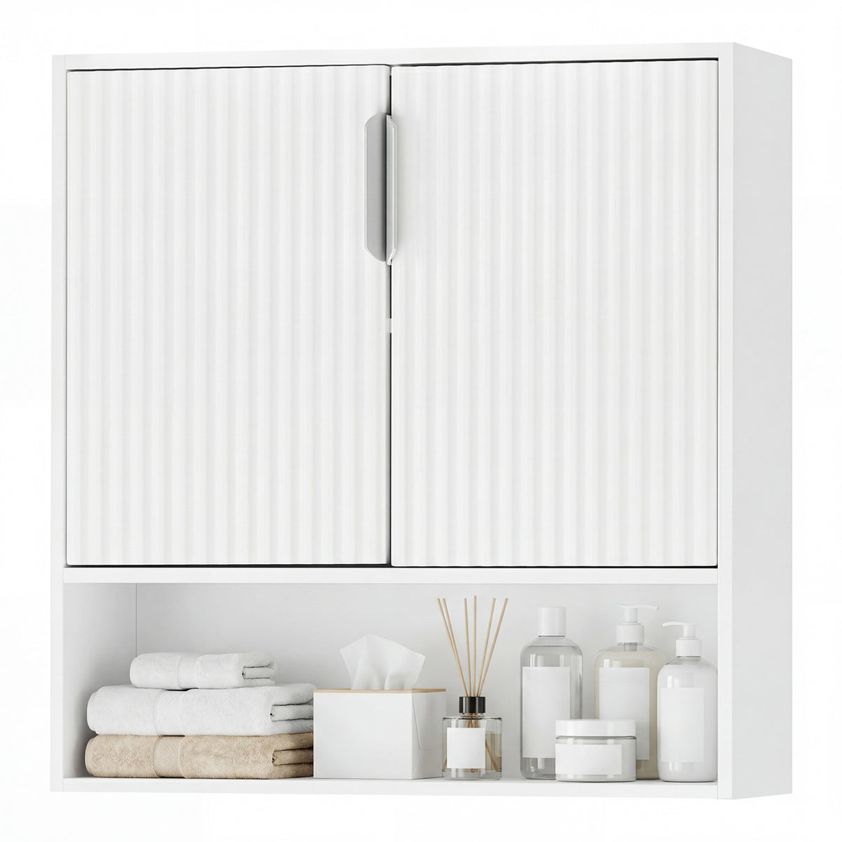 Bathroom Wall Cabinet, 2 Fluted Doors, Open Cube, Adjustable Shelf, White Wall Cabinets at Gallery Canada