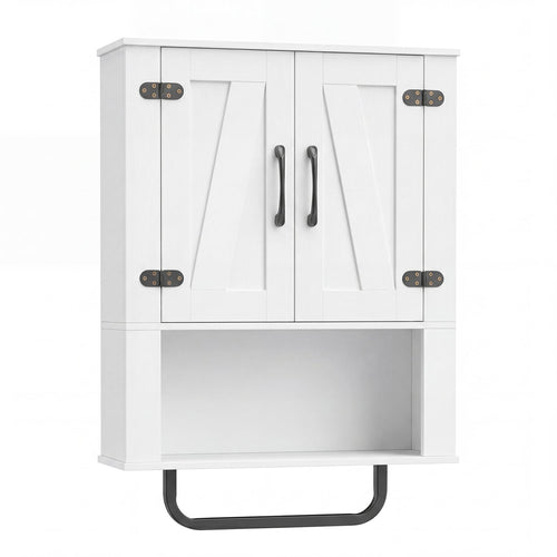 Bathroom Wall Cabinet with 2 Barn Doors and Towel Bar and 3-Tier Wooden Storage, White