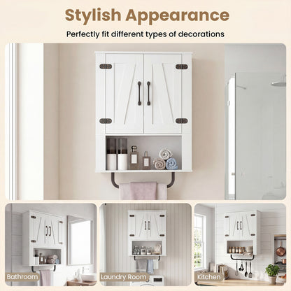 Bathroom Wall Cabinet with 2 Barn Doors and Towel Bar and 3-Tier Wooden Storage, White Wall Cabinets at Gallery Canada