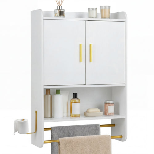 Bathroom Wall Cabinet Wall Mounted Medicine Cabinet with Towel Bars, White