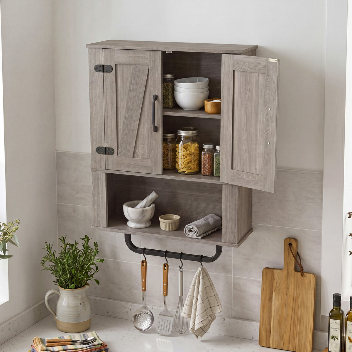 Bathroom Wall Cabinet, Barn Doors, Towel Bar, 3-Tier, Gray Wall Cabinets at Gallery Canada