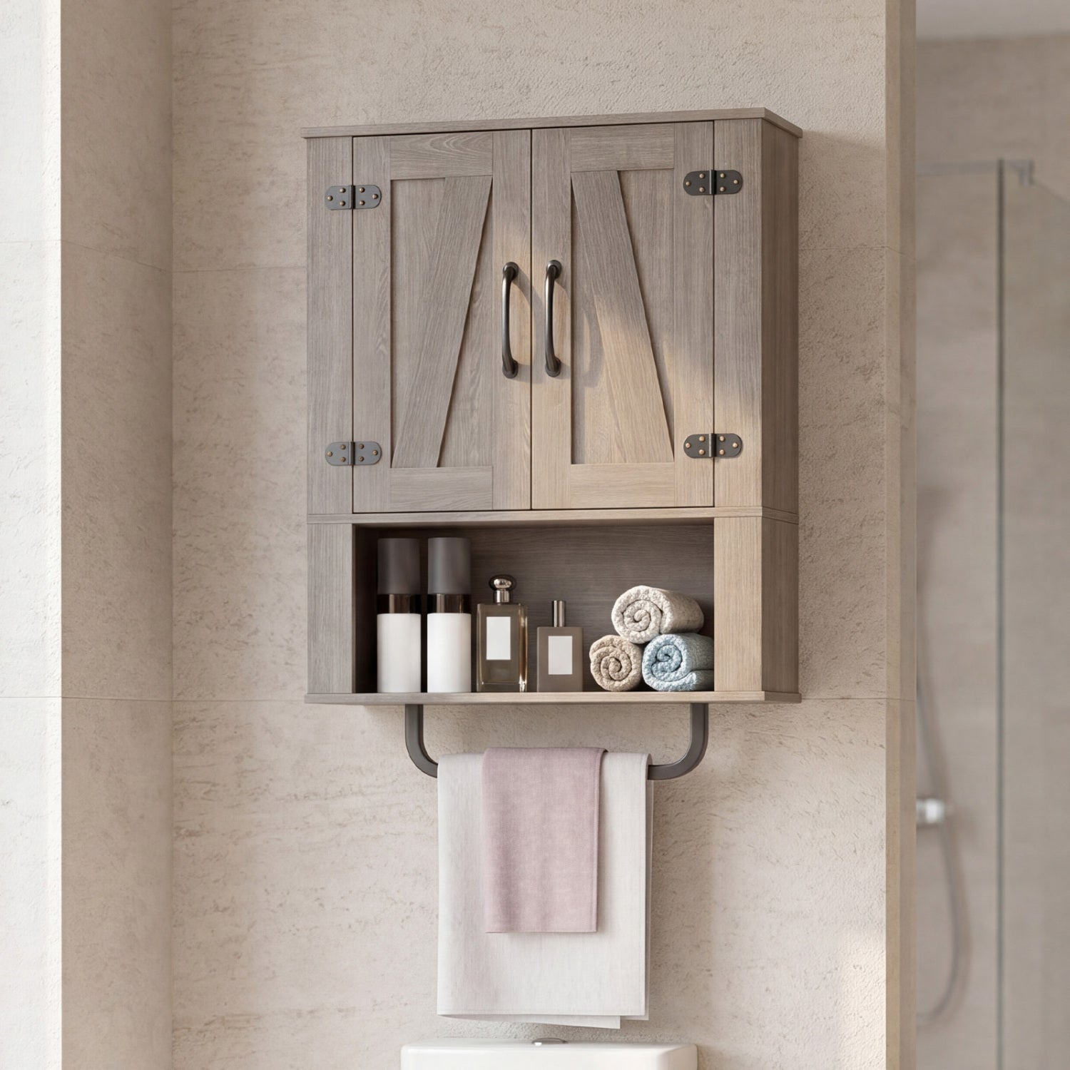 Bathroom Wall Cabinet, Barn Doors, Towel Bar, 3-Tier, Gray Wall Cabinets at Gallery Canada