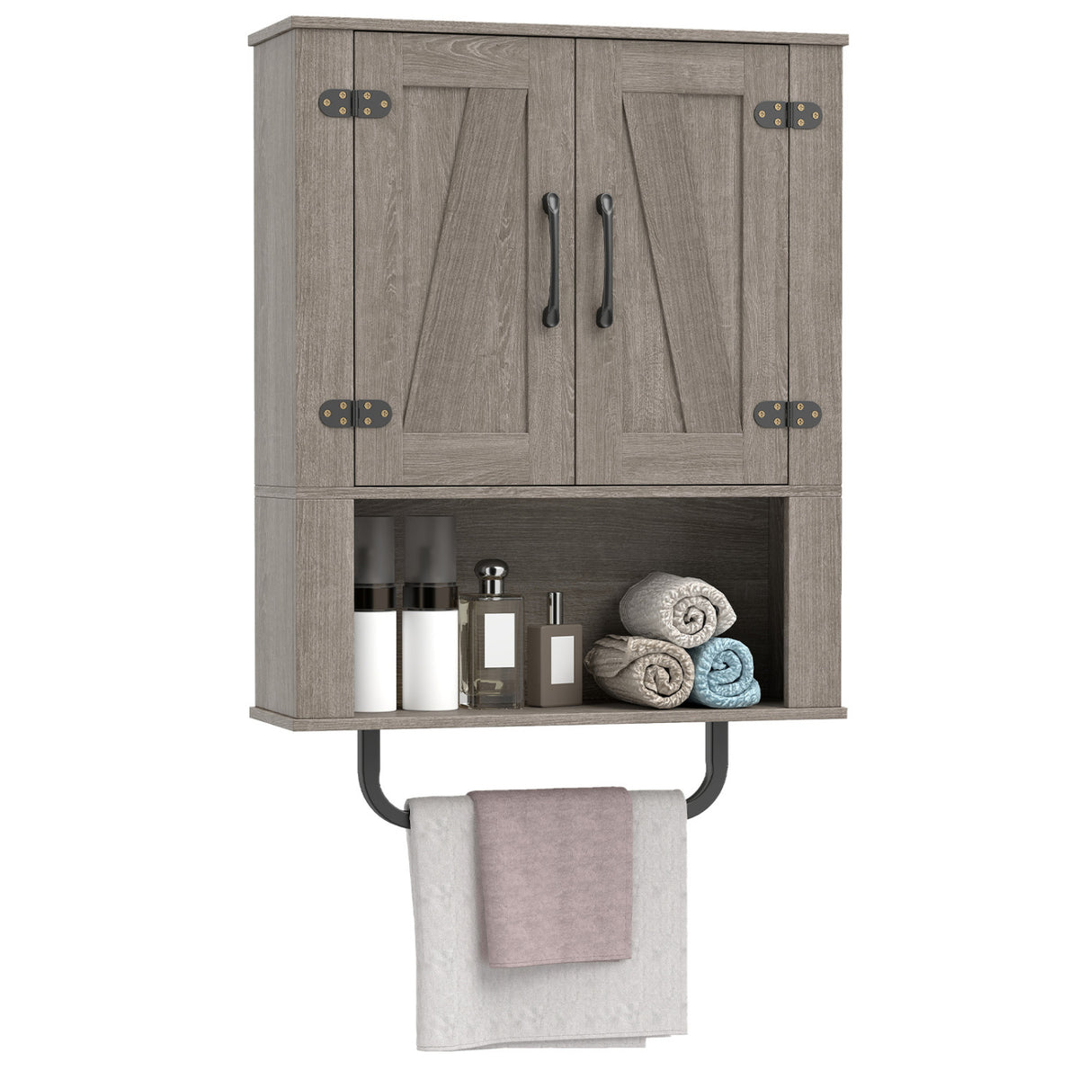 Bathroom Wall Cabinet, Barn Doors, Towel Bar, 3-Tier, Gray Wall Cabinets Gray at Gallery Canada