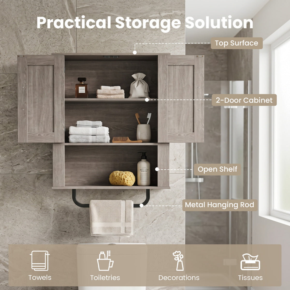 Bathroom Wall Cabinet, Barn Doors, Towel Bar, 3-Tier, Gray Wall Cabinets at Gallery Canada