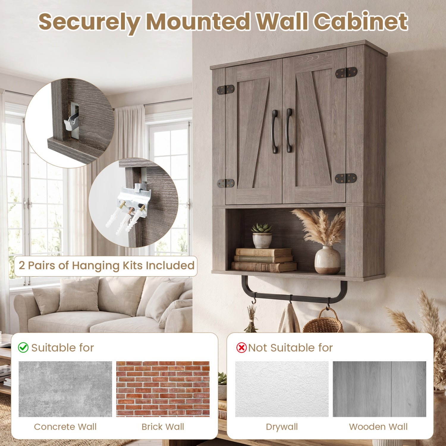 Bathroom Wall Cabinet, Barn Doors, Towel Bar, 3-Tier, Gray Wall Cabinets at Gallery Canada