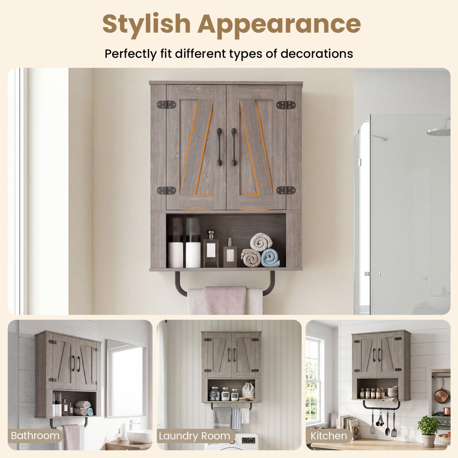 Bathroom Wall Cabinet, Barn Doors, Towel Bar, 3-Tier, Gray Wall Cabinets at Gallery Canada
