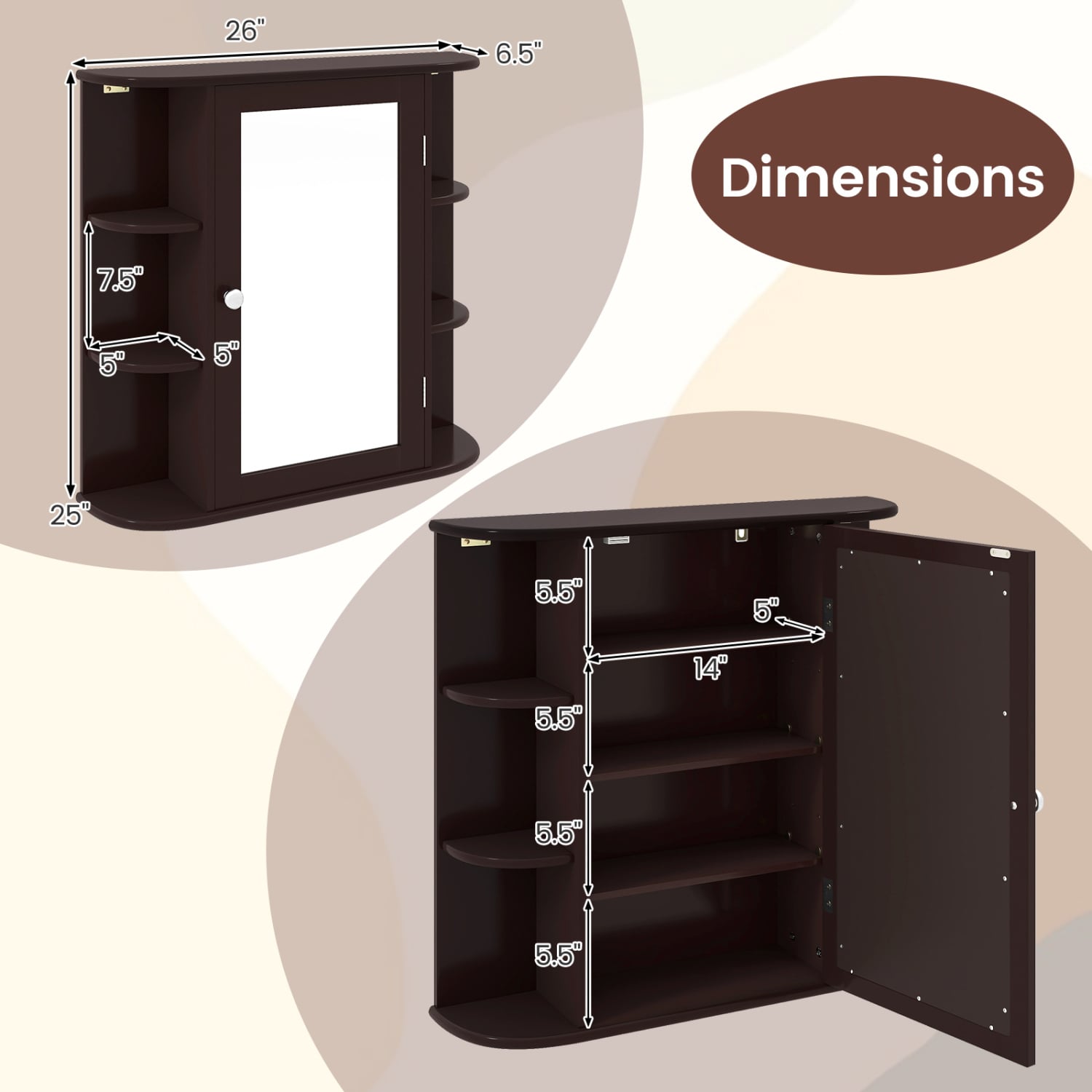 Bathroom Wall Cabinet, Mirror Door, 4 Shelves, Brown Wall Cabinets at Gallery Canada
