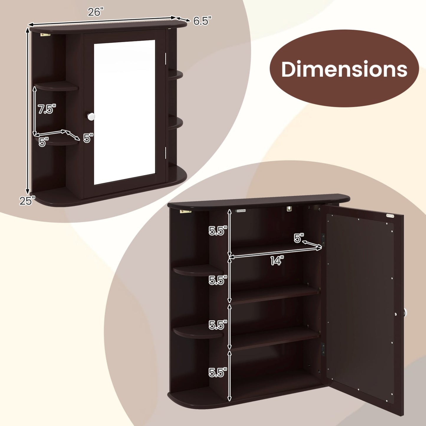 Bathroom Wall Cabinet, Mirror Door, 4 Shelves, Brown Wall Cabinets at Gallery Canada
