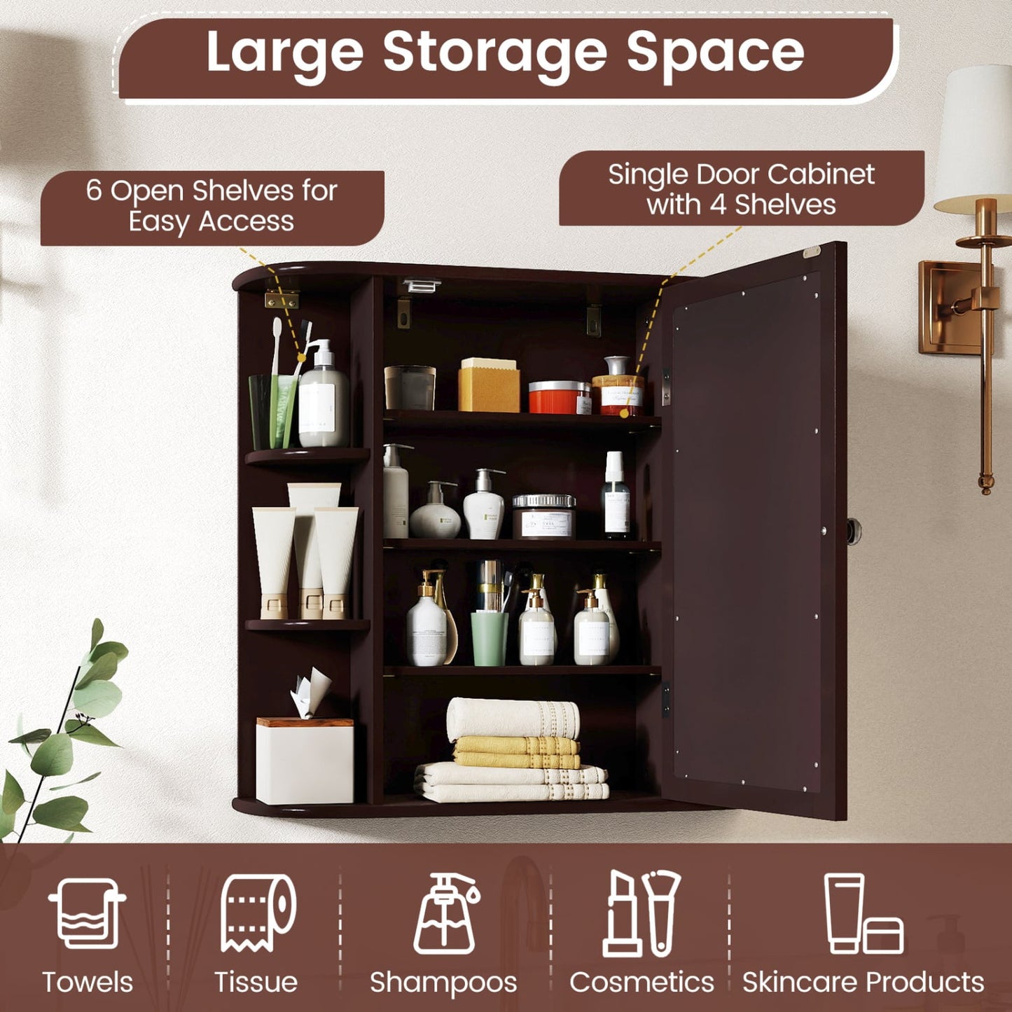Bathroom Wall Cabinet, Mirror Door, 4 Shelves, Brown Wall Cabinets at Gallery Canada