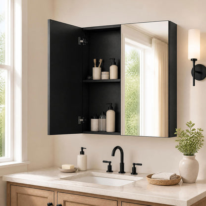 Armoire murale de salle de bain, 2 portes miroir, noire