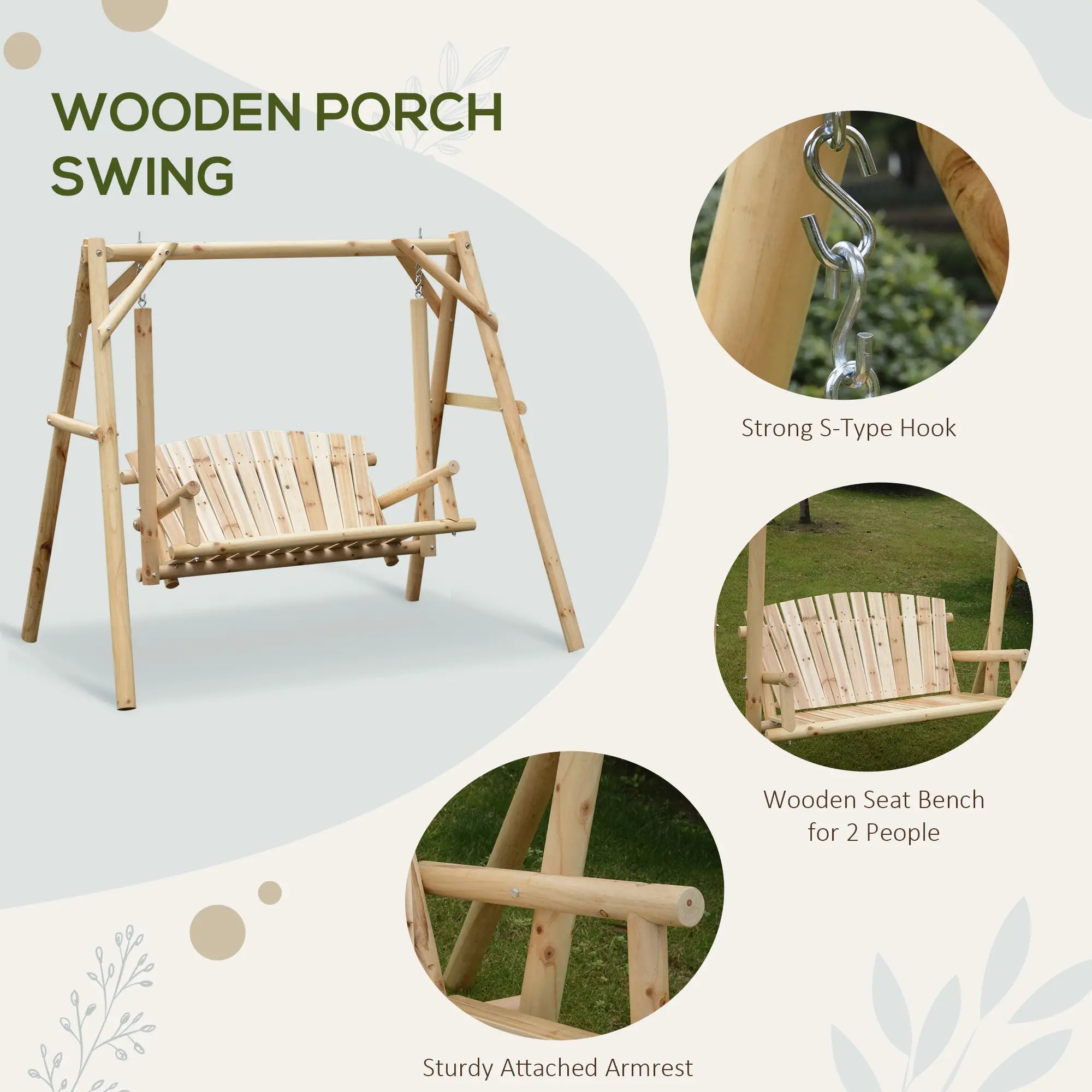 Freestanding 6.5' Wooden Loveseat Swing, Natural Patio Swings with Stand at Gallery Canada