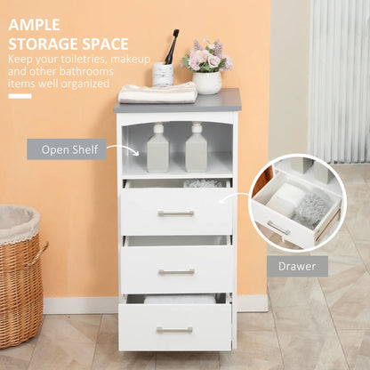 Small Bathroom Storage Cabinet, 3 Drawers, Open Shelf, White Bathroom Cabinets at Gallery Canada