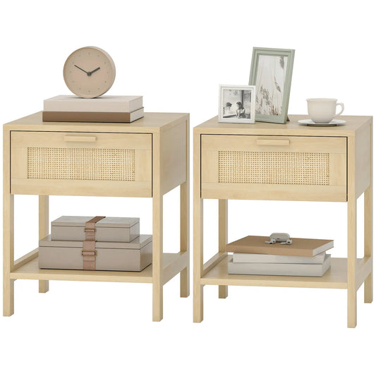 Narrow Nightstand With Rattan, Drawer And Shelf, Set Of 2, Natural Wood Bedside Tables Natural at Gallery Canada