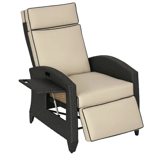 Outdoor Recliner Chair, Adjustable Backrest, Cushion, Side Tray, Khaki