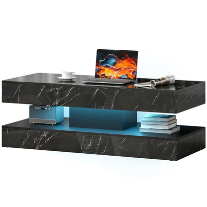 Adjustable LED Coffee Table, 2 Drawers, Open Shelf, Remote, High Gloss Black Coffee Tables High Gloss Marble-Effect Black at Gallery Canada