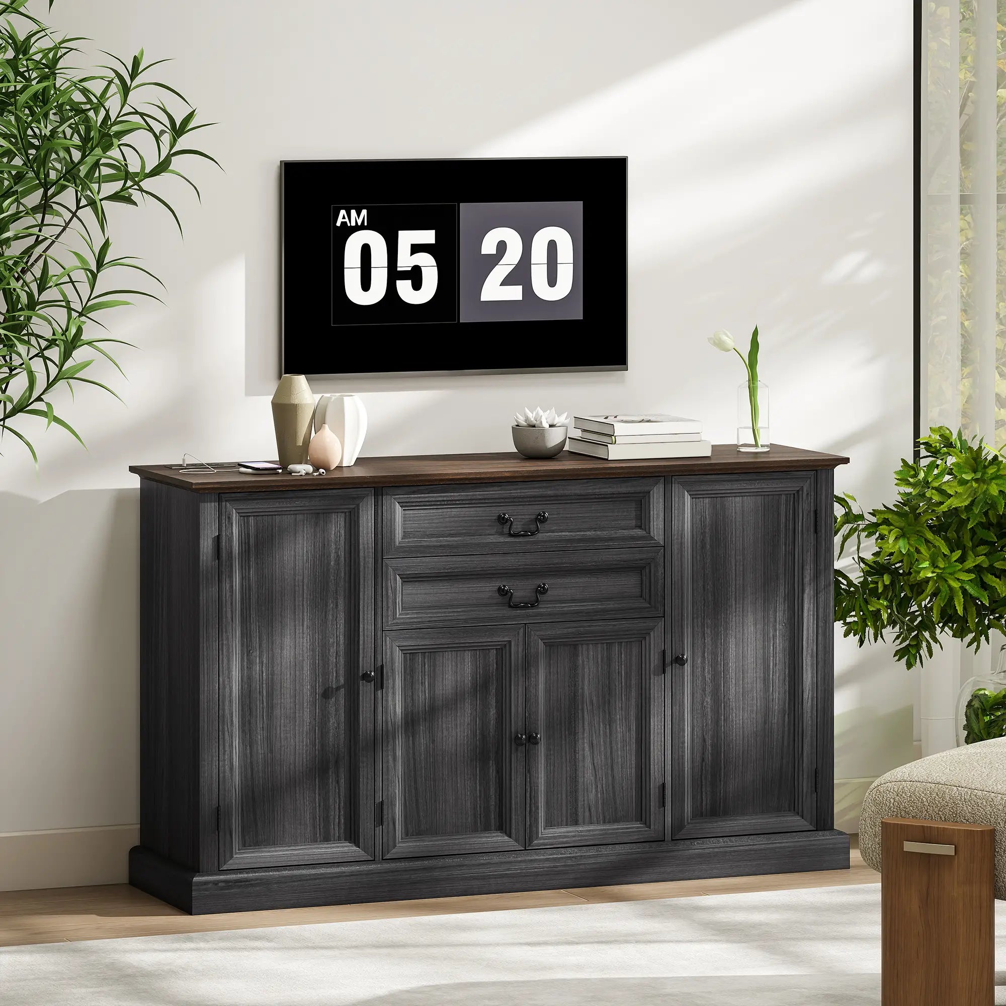 Farmhouse Sideboard with Charging Station, 58 Inch Buffet Cabinet, 2 Soft Close Drawers, Black Storage Cabinets at Gallery Canada