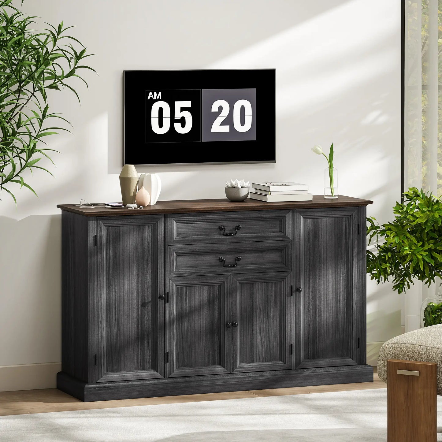 Farmhouse Sideboard with Charging Station, 58 Inch Buffet Cabinet, 2 Soft Close Drawers, Black Storage Cabinets at Gallery Canada