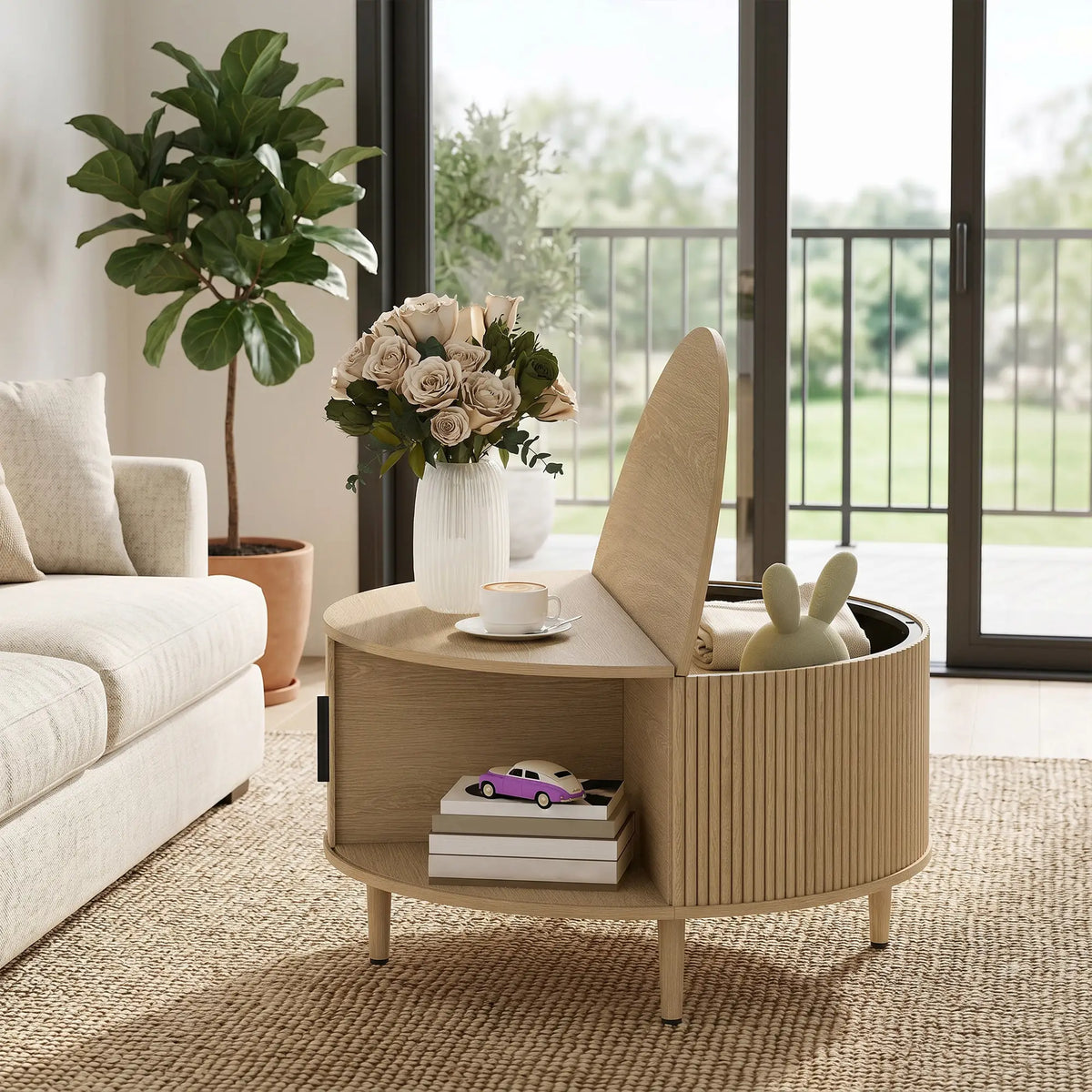 31.5" Round Coffee Table, Storage, Sliding Door, Natural Coffee Tables at Gallery Canada
