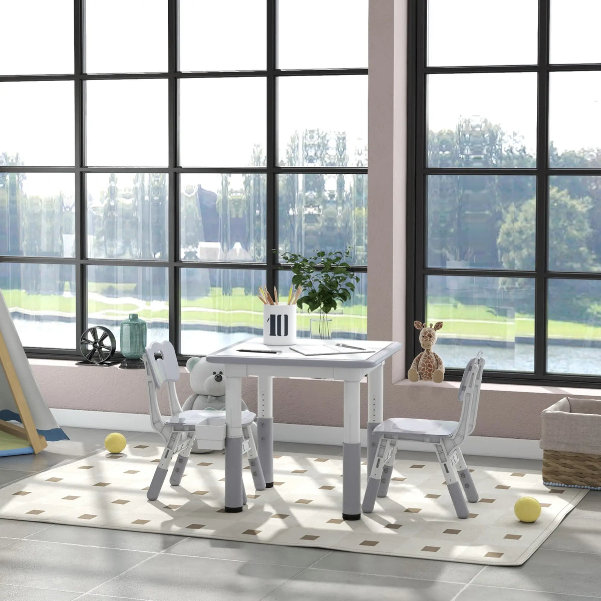 Toddler Table and Chair Set, Adjustable Height, Storage, Grey Kids Table Sets at Gallery Canada