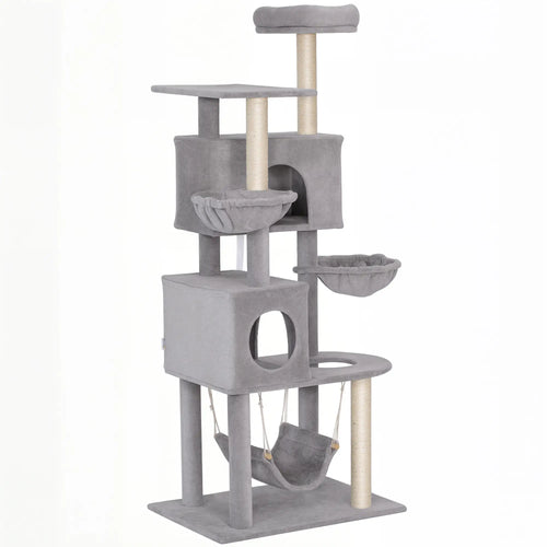 66 Inch Cat Tree with 2 Door Condos, 3 Hammocks, Perch, Scratching Posts, Light Grey