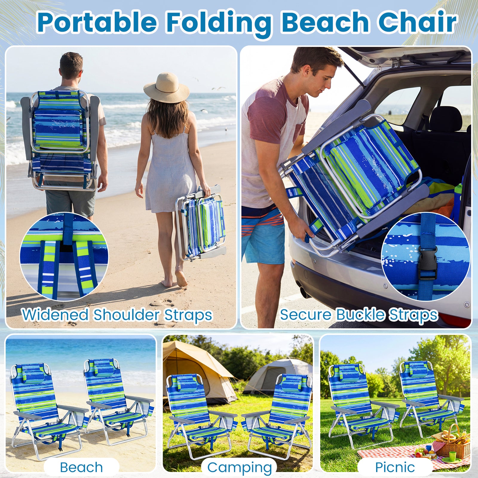 Portable Folding Beach Chairs, Set of 2, Blue and Green Beach & Lawn Chairs at Gallery Canada